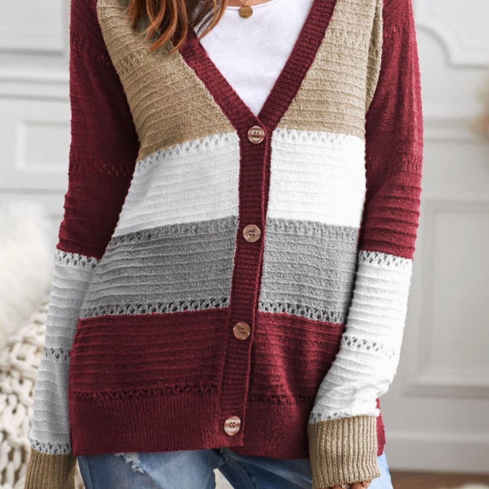 Colorblock Button-Front Cardigan Sweater - Burgundy/Beige/Gray/White - Picture 8 of 8